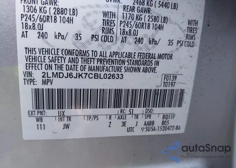 2012 Lincoln Mkx z USA, uszkodzony, nr VIN 2LMDJ6JK7CBL02633